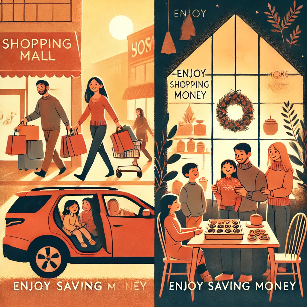 A warm and inviting illustration depicting a family embracing changes to enjoy saving money. The scene contrasts their previous habit of spending weekends at a shopping mall with a new, more mindful lifestyle. In one part, the family is shown loading shopping bags into their car at a mall, while in another part, they are enjoying simple activities at home, like playing board games or baking together. The atmosphere is cozy, conveying a sense of fulfillment through less spending and more meaningful family time. Use warm, friendly colors to create a positive and reflective mood.