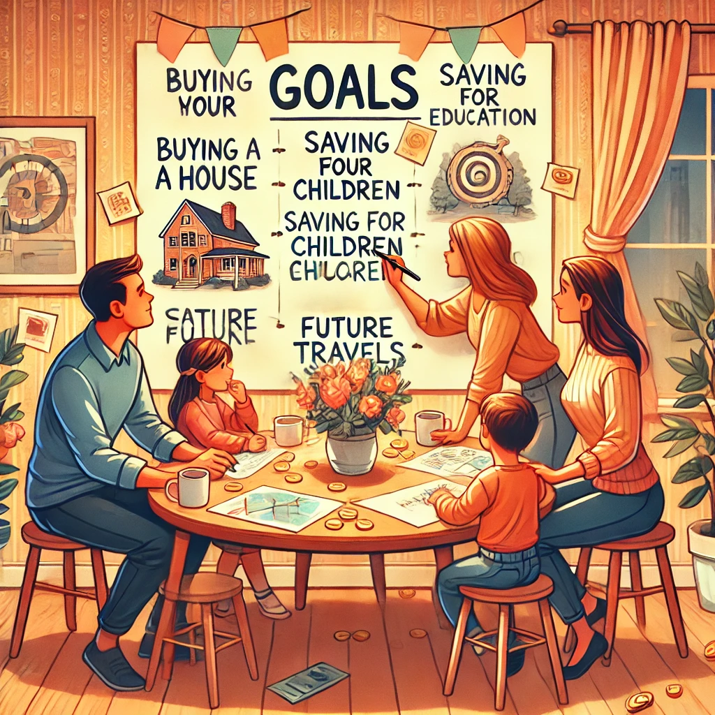 An inviting illustration depicting a family setting clear goals for their future, focusing on saving money. The scene shows the family gathered around a table with a vision board, discussing their goals like buying a house, saving for children's education, or planning future travels. They are drawing and writing on the board, with images of a house, school, and travel destinations. The atmosphere is warm, optimistic, and collaborative, highlighting the importance of having specific, well-defined goals. Use warm colors to convey a hopeful and positive family-oriented environment, showing how goal-setting can turn savings into an exciting journey towards the future.