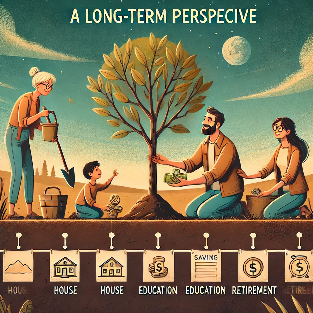 An inviting illustration depicting the importance of having a long-term perspective in saving money. The scene shows a family planting a small tree together, symbolizing the growth that comes from consistent, patient efforts. Nearby, there's a timeline showing small milestones they hope to achieve over time, like saving for a house, education, or retirement. The family is smiling and engaged, enjoying the process, emphasizing that savings is not about immediate results but about building a fulfilling future. The atmosphere is warm and hopeful, using earthy, comforting colors to convey a sense of patience, growth, and family togetherness.