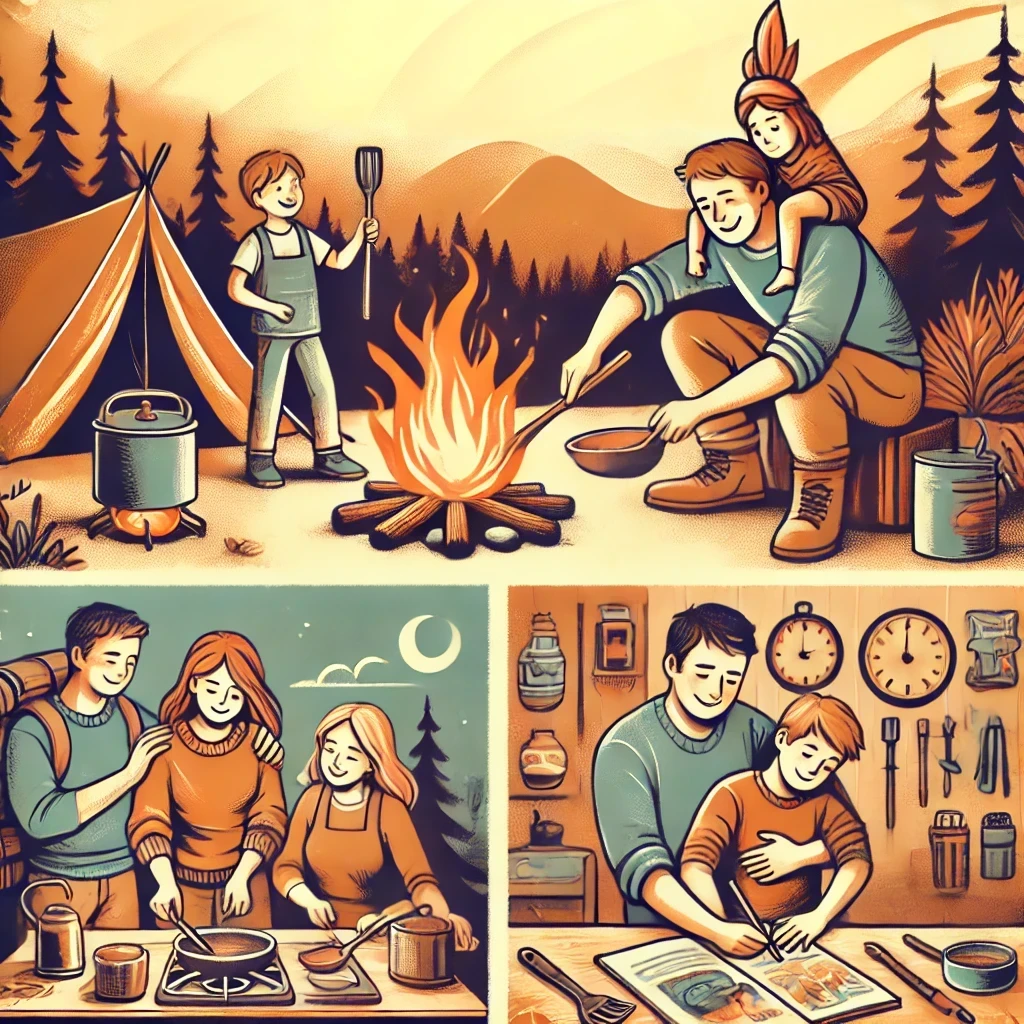 An inviting illustration depicting a family enjoying the concept of 'embracing inconvenience' to save money and find joy. The scene shows the family engaging in activities like camping or DIY projects. They are cooking over an open flame, using simple tools, and working together on a craft project. The atmosphere is warm, positive, and adventurous, highlighting the joy found in stepping away from modern comforts and embracing a simpler lifestyle. Use warm, earthy colors to convey a cozy, resourceful, and family-oriented atmosphere, showcasing how small challenges can become sources of fun and fulfillment, without any text or labels in the image.