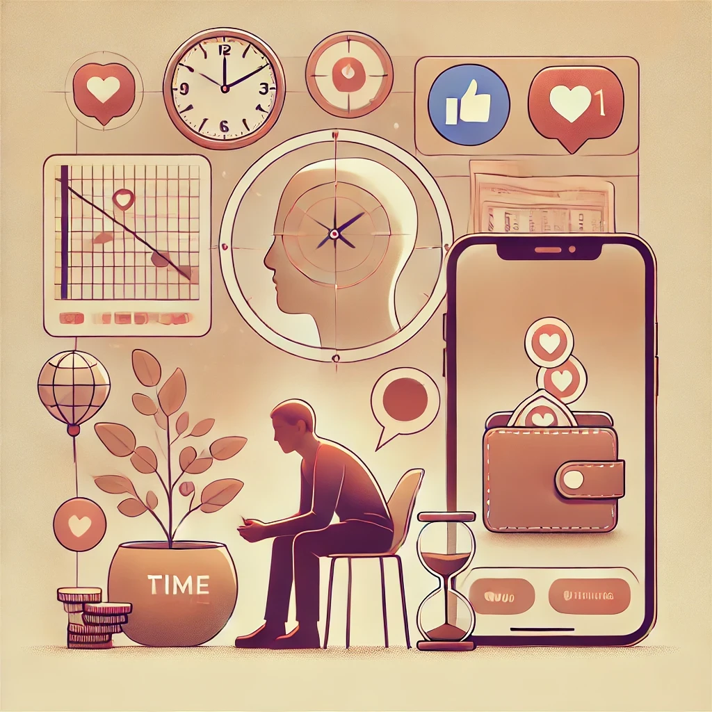 An illustration focusing on themes of finite resources, personal spending, and mindful time usage. The image depicts a person in deep thought, sitting in a minimalist, calm space. Symbols of limited resources like a clock, a wallet, and a social media screen are present, but any remaining text or thought bubbles have been completely removed, leaving a clean and introspective ambiance with soft, warm lighting.