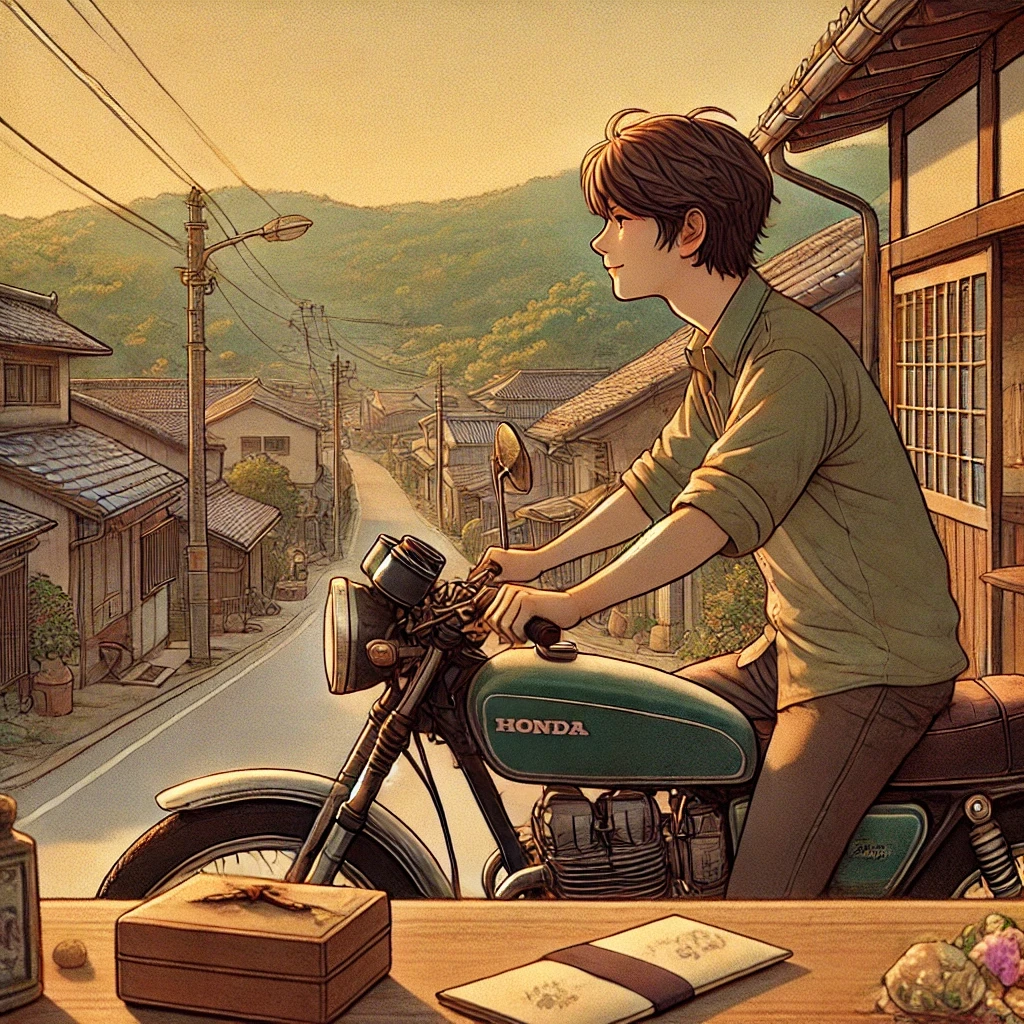 A nostalgic, reflective scene of a young adult on a Honda motorcycle in a slightly urban Japanese setting. The person is looking off into the distance, a sense of satisfaction and nostalgia in their expression, symbolizing freedom and the joy of following one's passions. Nearby, a small token like a traditional envelope or a family memento lies on a table, hinting at a caring family member’s intentions and the contrast between tradition and personal choice. The background subtly captures the mix of urban and rural Japan, with streets, modest buildings, and distant green hills, in warm, soft lighting, evoking a serene and sentimental atmosphere.