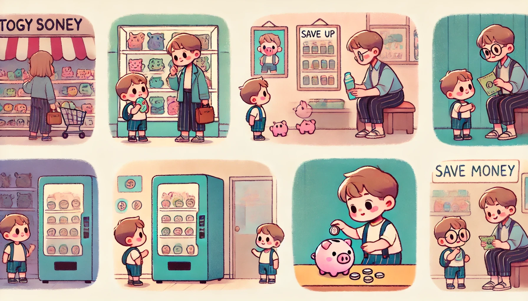 A series of illustrations following a young boy learning to save money, with his parent guiding him along the way. 

Scene 1: The boy stands in front of a toy store window, eyes wide as he looks at a toy he wants, but he appears disappointed because he doesn’t have enough money. 

Scene 2: At home, the parent gently suggests saving up first, showing the boy a cute piggy bank on the table. The boy looks determined to start saving. 

Scene 3: After some time, the boy stands by a vending machine, holding a drink and looking slightly regretful, while the parent gently explains that using a water bottle would save money. 

Scene 4: Finally, the boy happily drops coins into his piggy bank over several weeks, while the parent watches warmly. The illustrations use soft colors and a family-friendly style to show the value of learning from experience and being guided gently. The parent has no facial hair in this version.