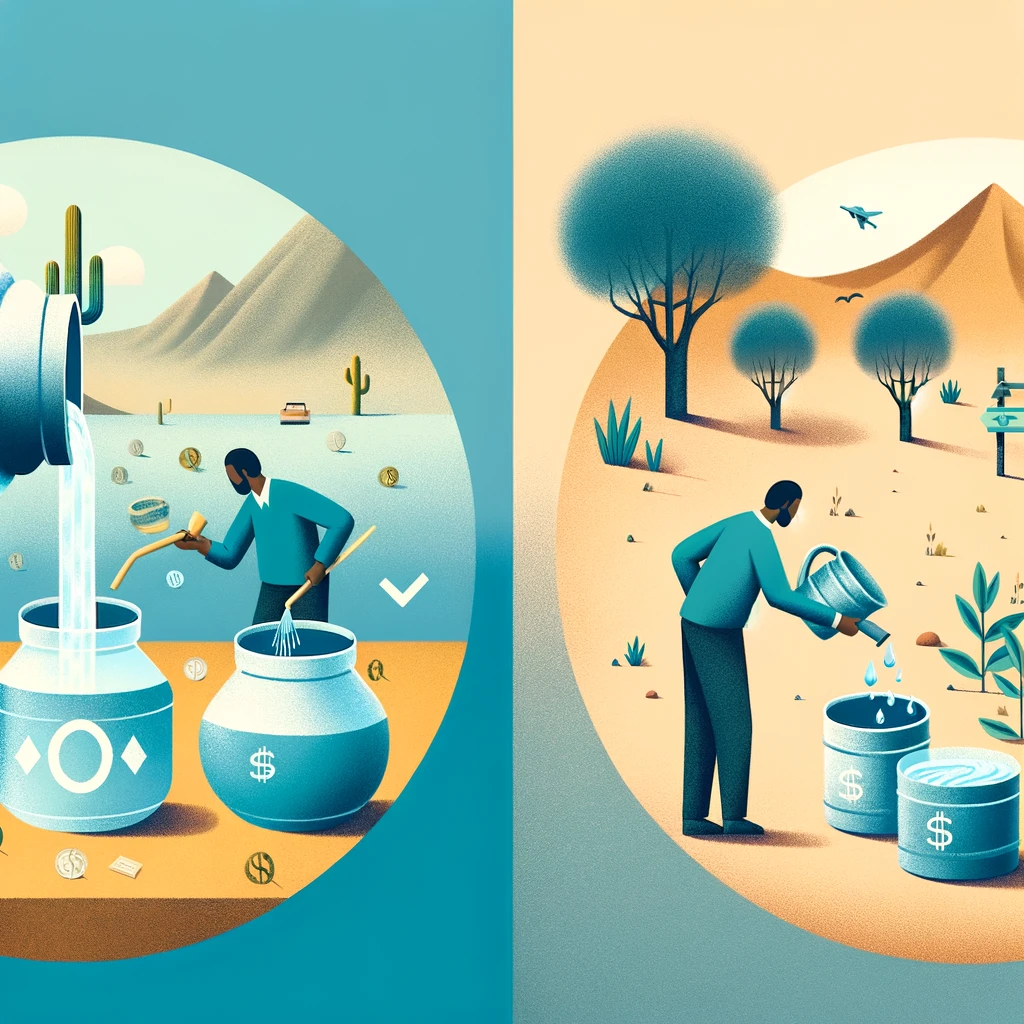 An illustration to explain financial literacy using a water metaphor. On the left side, a person is using water recklessly from a large water jug, symbolizing careless spending, with water rapidly decreasing. On the right side, another person is carefully saving water in smaller containers, symbolizing saving and investing, with the water levels gradually increasing. The background shows a dry desert, representing financial hardship, with a small oasis symbolizing financial security for those who save. Soft colors and a clear contrast highlight the importance of careful money management.