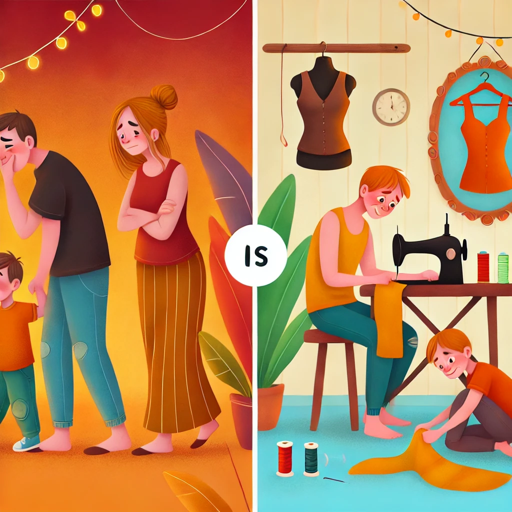 An inviting illustration depicting two contrasting families in their approach to handling challenges. On the left, a family is shown hesitating to take action on clothing repair, looking overwhelmed and indecisive, indicating that they are discouraged by the time and effort involved. On the right, a second family is depicted actively engaging in clothing repair; the parent is sewing with a child happily helping, while nearby they explore simpler methods to make the task easier. The atmosphere is warm, positive, and encouraging, emphasizing the difference between reluctance and proactive learning. Use warm colors to create a hopeful and reflective mood for both families.